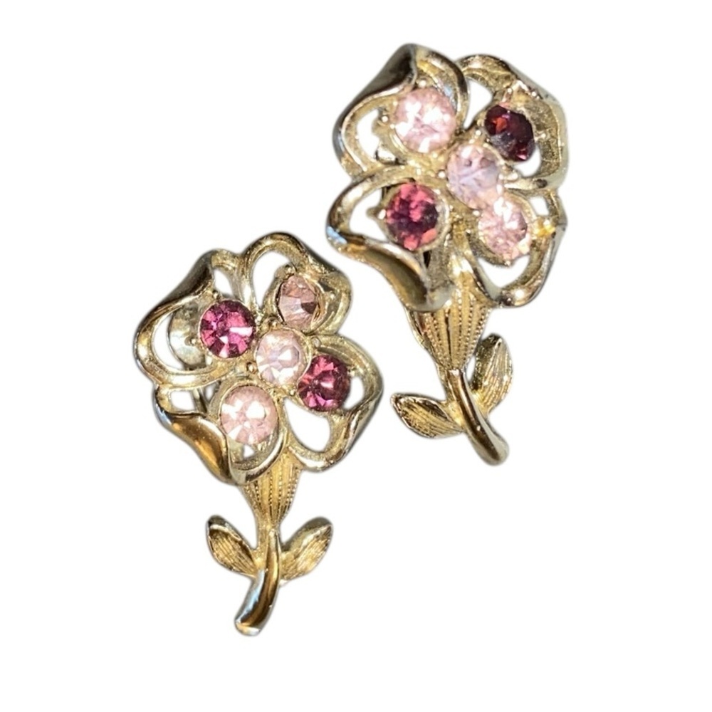 Vintage Coro Floral Pink Purple Rhinestone Gold Tone Clip On Earrings
